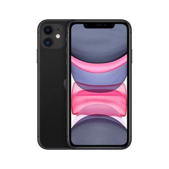 Apple iphone 11 reconditionné noir avec écran 6,1 pouces et double caméra arrière présenté sur fond clair.