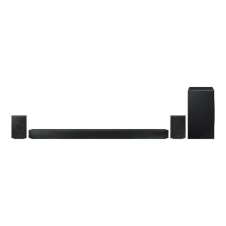 Image de la barre de son Samsung HW-Q990D noire avec technologie Dolby Atmos et caisson de basse sans fil pour une expérience audio immersive.