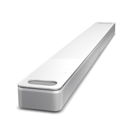 Vue panoramique de la barre de son bose intelligente blanc Smart Ultra sur un meuble contemporain.