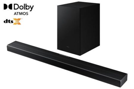 Image de la barre de son Samsung HW-Q600A noire avec technologie Dolby Atmos pour un son immersive et un design élégant.