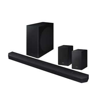 Image de la barre de son Samsung HW-Q850D Dolby Atmos avec enceintes sans fil SWA-9500S en noir, offrant un son spatial et immersif.