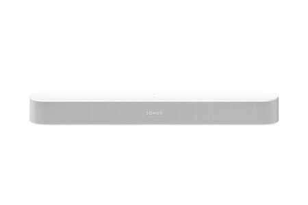 La barre de son sonos intelligente blanc Beam Gen2 posée sur un meuble blanc.