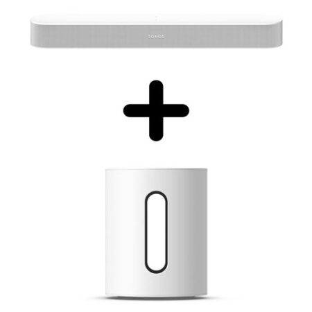 L'ensemble barre de son avec caisson blanc Sonos Beam Gen2 et Sub Mini sur un meuble clair.