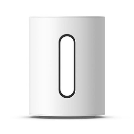 Le caisson de basses blanc sans fil Sonos Sub Mini avec son design cylindrique épuré.