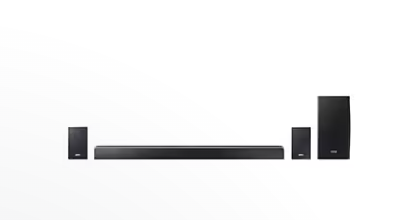 Image de la barre de son Samsung HW-Q90R avec son système Dolby Atmos et DTS:X pour une expérience audio immersive.