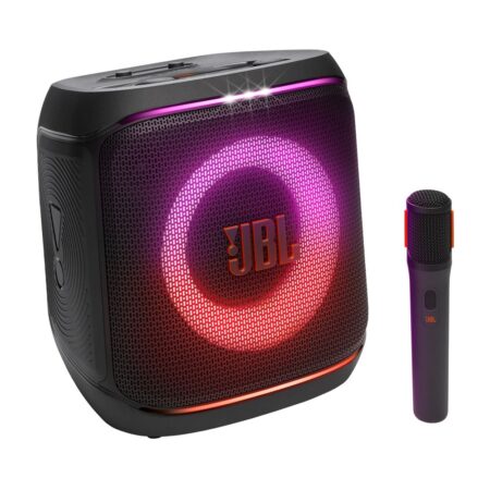Enceinte portable de soirée jbl partybox encore 2 micro noir avec éclairage LED et micro sans fil pour karaoké et ambiance festive immersive.