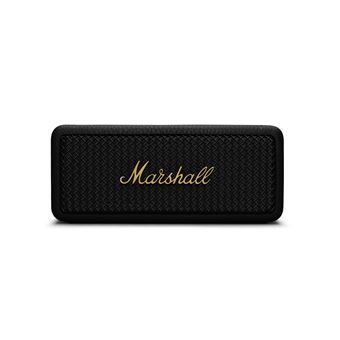 enceinte bluetooth marshall emberton ii black brass avec design vintage noir et grille métallique dorée posée en extérieur