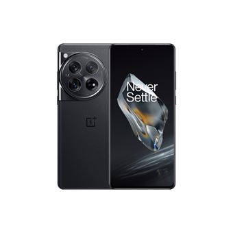 Un smartphone puissant OnePlus 12 5G noir soyeux posé sur une surface épurée.