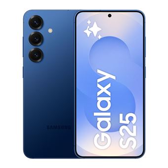 Image du samsung galaxy s25 en bleu noir avec écran 6,2 pouces et design élégant, vue avant et arrière.
