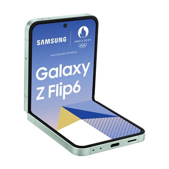 Image du smartphone samsung galaxy z flip6 5g montrant son design pliable premium, écran AMOLED 6,7 pouces et format compact moderne haut de gamme.