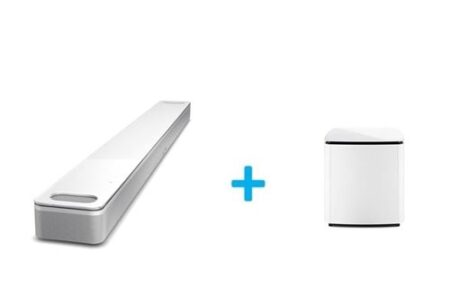 Image de la Bose Smart Ultra Soundbar Dolby Atmos Blanc avec le Module de basses Bose 700 Blanc, offrant une qualité sonore immersive et un design élégant.