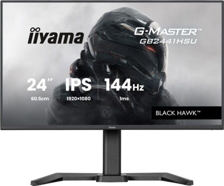 Moniteur noir Iiyama G-Master GB2441HSU-B1, un écran gaming haute fréquence de 24 pouces sur socle ergonomique.