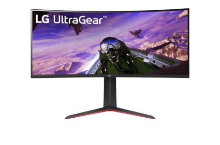 Moniteur de jeu noir et rouge LG UltraGear de type écran gaming 34 pouces incurvé haute fréquence.