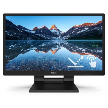 Moniteur de bureau écran tactile philips 242b9tl avec support articulé sur fond blanc.