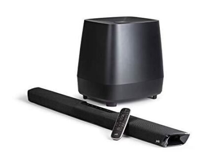 Image de la barre de son polk audio magnifi 2 noir avec caisson intégré et son surround virtuel.