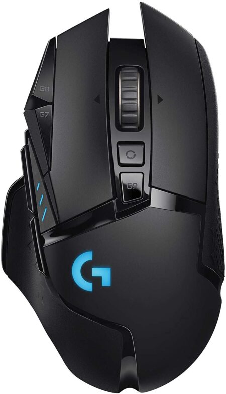 Souris gamer logitech g502 lightspeed noire avec capteur HERO 25K et éclairage RVB pour gaming haute précision.