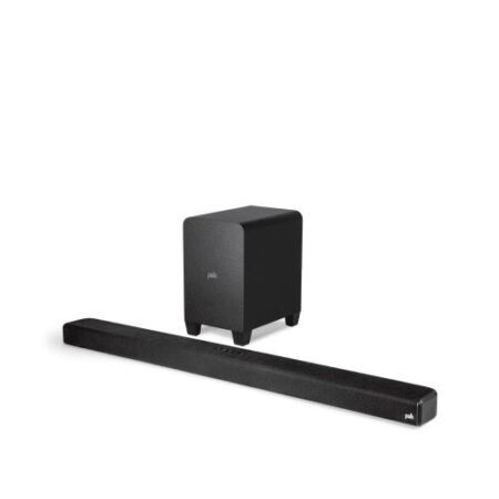 Image de la barre de son polk audio signa s4 noir avec caisson sans fil et son Dolby Atmos immersif pour home cinéma.