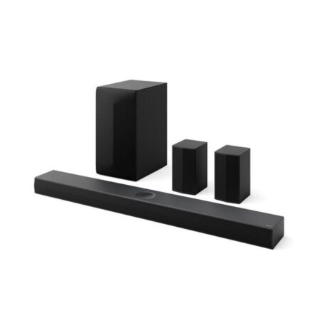 Barre de son lg s70tr 5.1 500w bluetooth noire avec caisson sans fil et enceintes arrière installée devant un téléviseur moderne