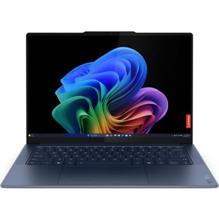 Ordinateur lenovo yoga slim 7 14q8x9 bleu avec écran OLED 14,5 pouces et clavier rétroéclairé.