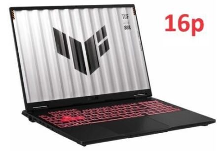 Ordinateur portable ASUS TUF Gaming A16 affichant le asus tuf gaming a16 fa608wi-qt012w avec écran ouvert à 180 degrés et design gaming robuste AMD puissant