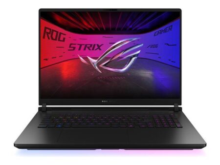 Grand pc portable asus ROG Strix SCAR 18 ouvert avec éclairage RGB et écran large.