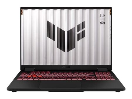 Ordinateur portable ASUS TUF Gaming A16 affichant le asus tuf gaming a16 tuf608up-rv084w avec écran ouvert à 180 degrés et design gaming robuste AMD puissant