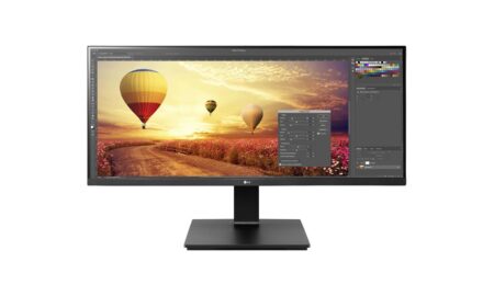 Moniteur ultra-large noir LG 34BR65F-B de type moniteur panoramique 21:9 avec socle ergonomique