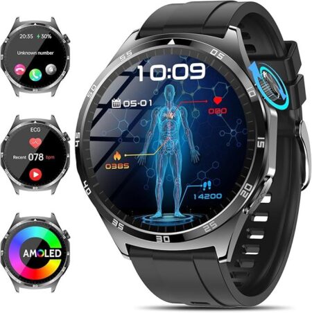 Une montre connectée homme élégante affichant un graphique de suivi de santé sur son écran de 1,43 pouce.
