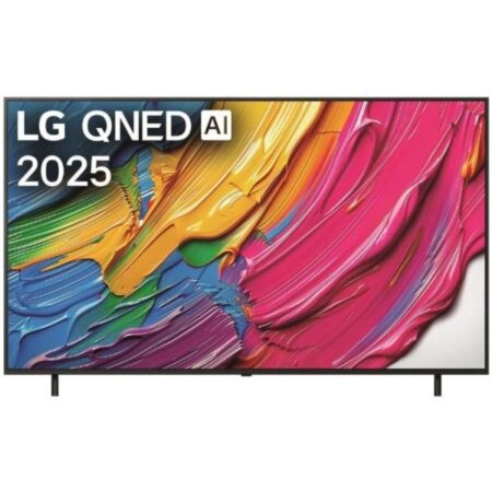 Grand écran de la télévision qned ai 4k smart tv LG 75QNED80A6A montrant des couleurs vives et un design fin.