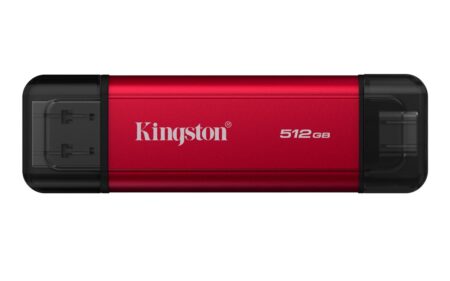 SSD externe Kingston 512 Go portable avec double USB-A et USB-C pour transfert rapide de données jusqu’à 1050 Mo/s.