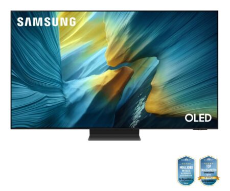 Téléviseur TV OLED Samsung TQ65S95F modèle 2025 affichant une image colorée dans un salon luxueux.