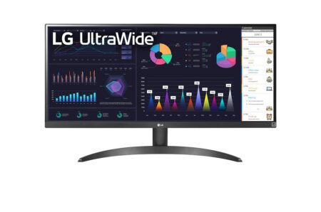 Écran pc lg 29WQ60A-B noir de 29 pouces format panoramique avec image nette et lumineuse.