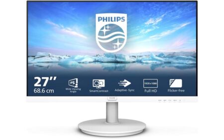 Moniteur blanc élégant Philips V-line 271V8AW présentant un écran pc blanc 27 pouces 75 hz pour le bureau.