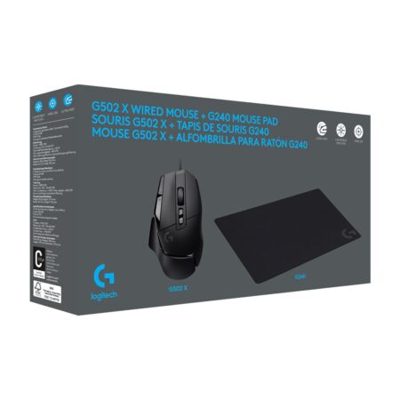 Souris gaming filaire noire logitech g502 x posée sur son tapis de souris en tissu noir g240.