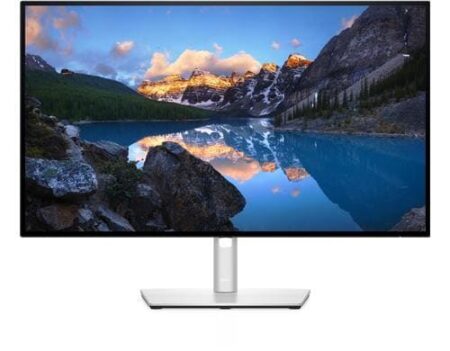 Écran professionnel argenté Dell UltraSharp U2722DE configuré comme moniteur usb-c hub avec connectique complète.