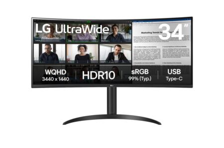 Moniteur panoramique noir LG 34WR55QK-B de type écran gaming incurvé wqhd haute résolution.