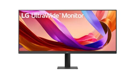 Écran pc lg UltraWide 34U511A-B noir de 34 pouces affichant plusieurs fenêtres de travail.