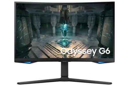 Moniteur noir Samsung Odyssey G6 montrant un écran gaming incurvé qhd haute performance pour le jeu vidéo.