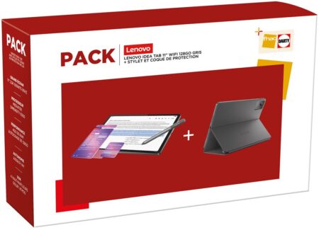 Pack tablette tactile lenovo idea tab 11 gris anthracite avec son stylet et sa coque de protection.