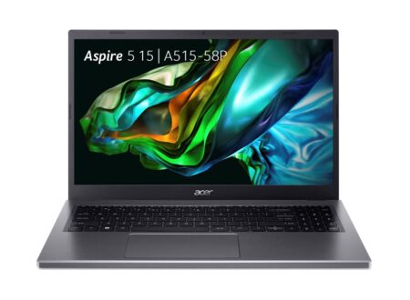 Vue de face du pc portable acer Aspire 5 gris avec clavier AZERTY complet.