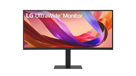 Écran pc lg UltraWide 34U650A-B noir de 34 pouces incurvé avec pied réglable et image panoramique.