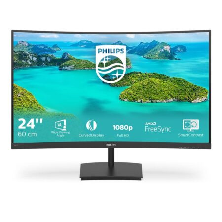 Moniteur noir Philips E-line présentant un écran pc incurvé 24 pouces noir pour une immersion visuelle totale.
