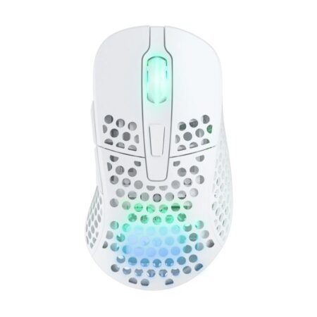 Souris de jeu légère blanche sans fil souris cherry xtrfy m4 rgb wireless avec coque alvéolée.