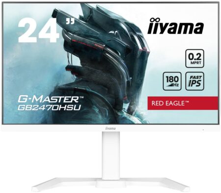 Écran gaming iiyama Red Eagle GB2470HSU-W6 blanc avec pied réglable et bordures ultra-fines.