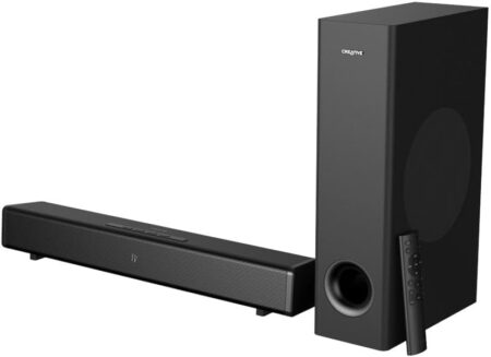 Image de la barre de son creative stage 360 2.1 dolby atmos avec caisson de basses et connectivité HDMI ARC pour home cinéma.