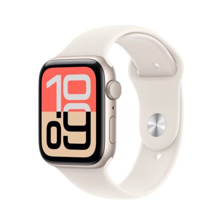 La montre intelligente apple watch se 3 gps 44mm stellaire avec son boîtier clair et son bracelet sport assorti.