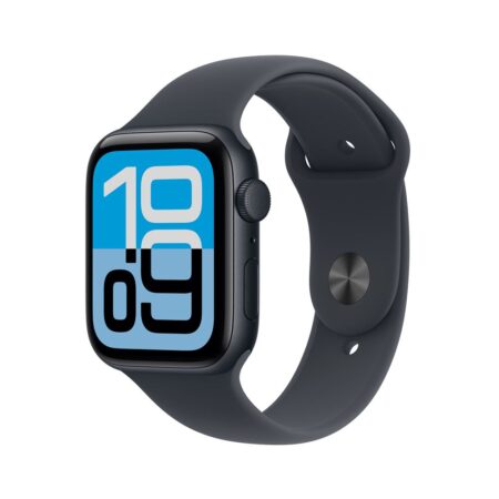 La montre intelligente apple watch se 3 gps 44mm minuit avec son boîtier sombre et son bracelet sport assorti.