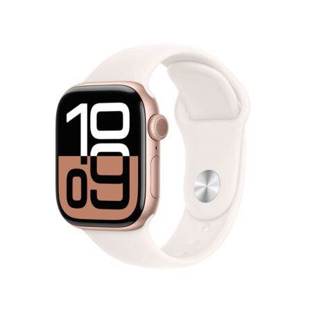 La montre intelligente apple watch series 10 rose gold posée de face avec son bracelet sport rose.La montre intelligente apple watch series 10 rose gold posée de face avec son bracelet sport rose.