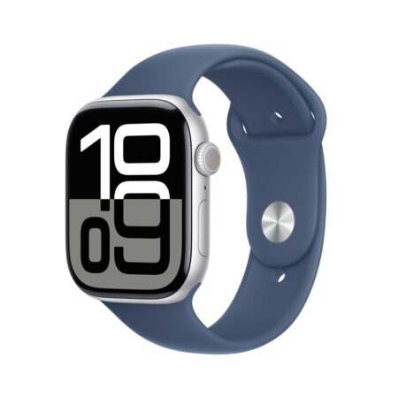 La montre intelligente apple watch series 10 argent denim avec son boîtier argenté et son bracelet bleu sport.