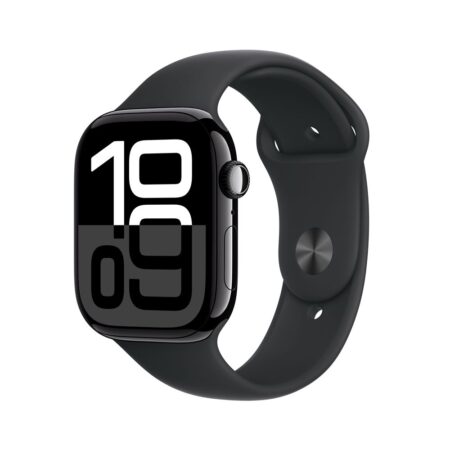 La montre intelligente apple watch series 10 46mm noir brillant posée de face avec son bracelet sport.